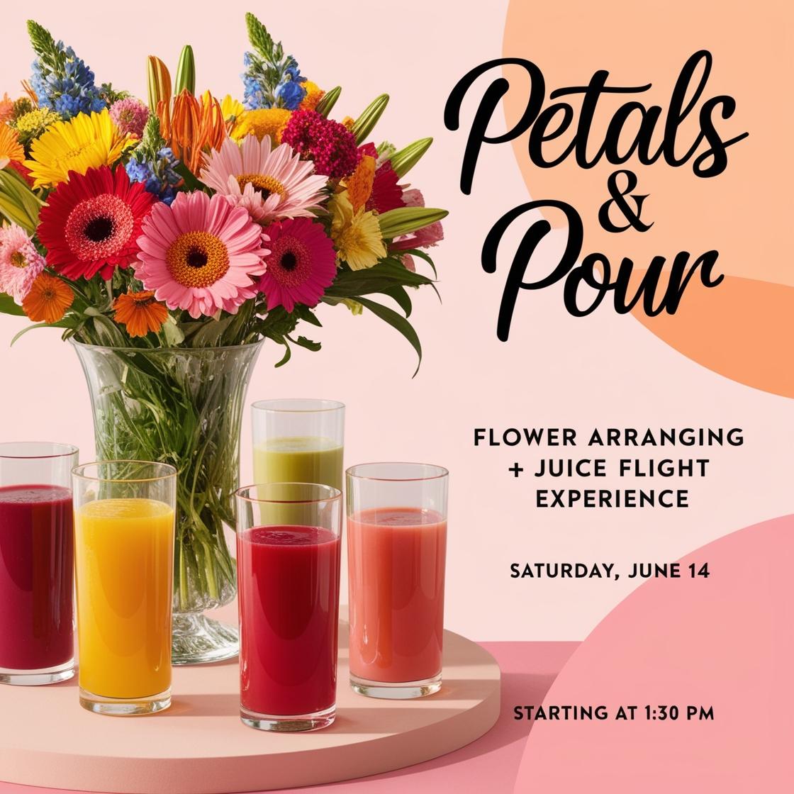 Petals & Pour – Flower Arranging + Juice Flight Experience | Saturday, June 14 | Starting at 1:30 PM